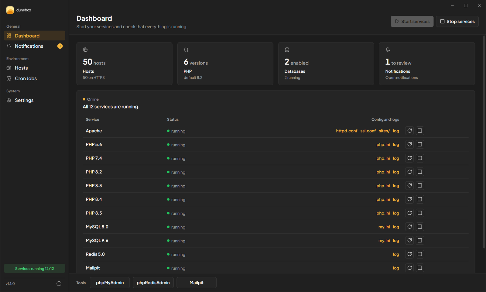 Dunebox dashboard showing the web server, six PHP versions and multiple databases all running